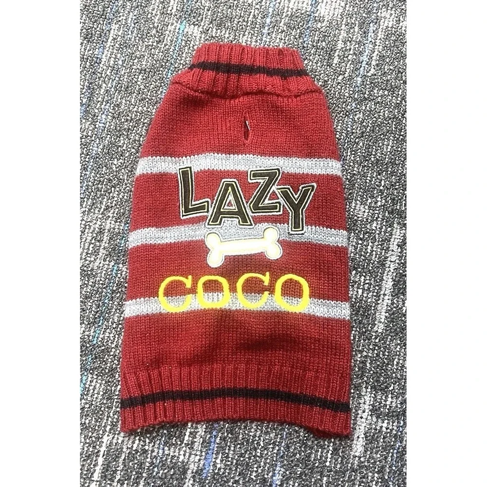 Personalized Dog Named COCO Sweater Lazy Bone Dog Maroon Gray Stripe Size Small